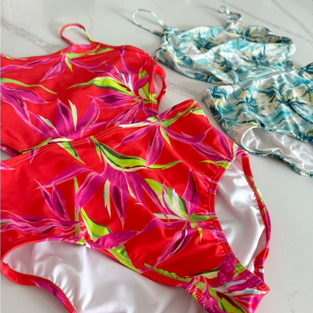 2 Old navy Tropical Kids Swim- one piece cut out. EUC size xl 14-16